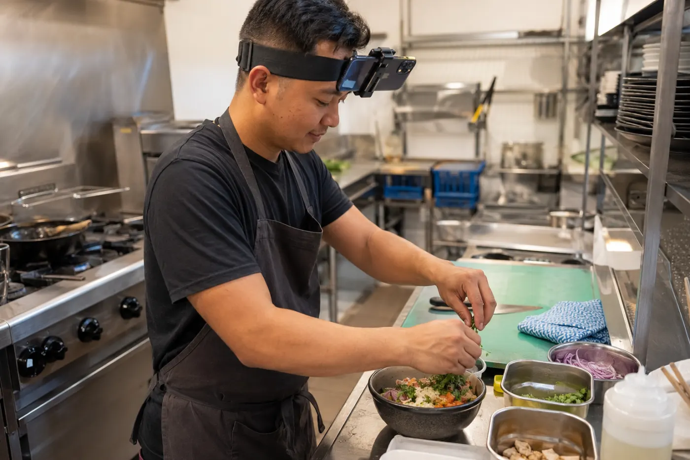 A real capture: a contributor at a kitchen counter with the phone mounted, hands and work in view.