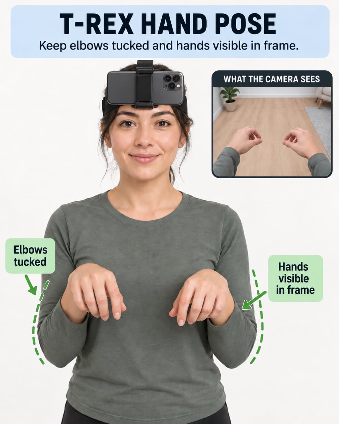 Illustration of the T-rex pose: elbows tucked, empty hands up in front of the chest, with an inset of what the camera sees.