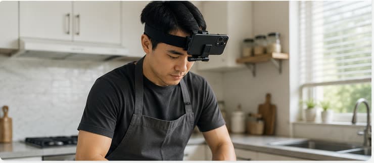 A person wearing a phone in a head strap while working in a kitchen, the rear camera pointing down at their hands.